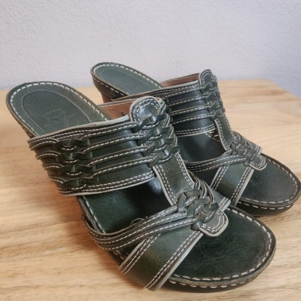 Frye Sandals Womens Size 7 Green Leather Woven Slide Mule High Heels 73370 - Picture 8 of 12